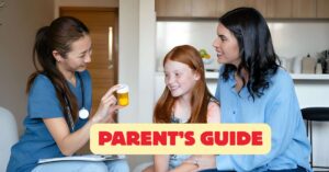A mother at home in Ottawa happily giving customized liquid medication to her child using an oral syringe, with a Whole Health Pharmacy Glebe delivery box in the background.