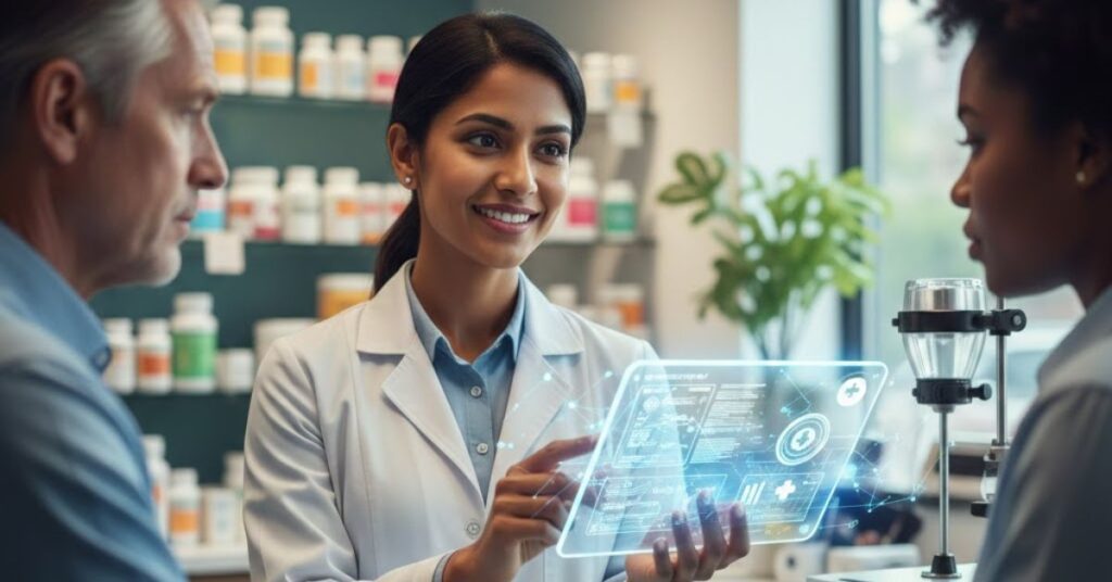Friendly pharmacist in Ottawa discussing human-verified health advice with patients, featuring a digital AI interface overlay.