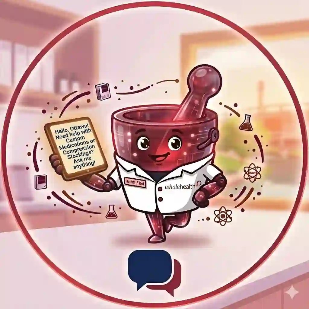 Owner of Whole Health Compounding Pharmacy Glebe, introducing the Health-E Bot AI assistant in a modern Ottawa.