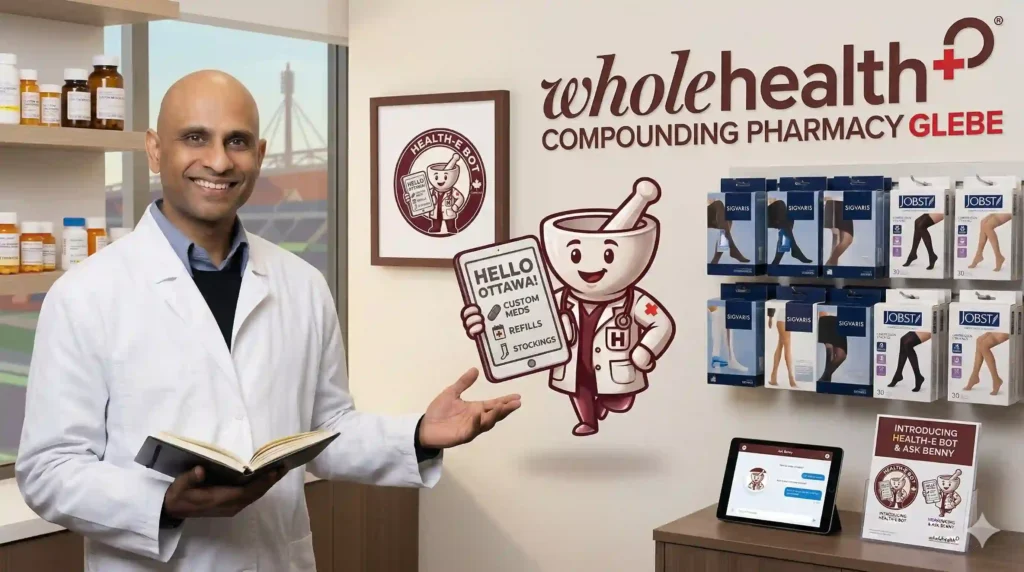 Renu Pillay, owner of Whole Health Compounding Pharmacy Glebe, introducing the Health-E Bot AI assistant in a modern Ottawa pharmacy setting.